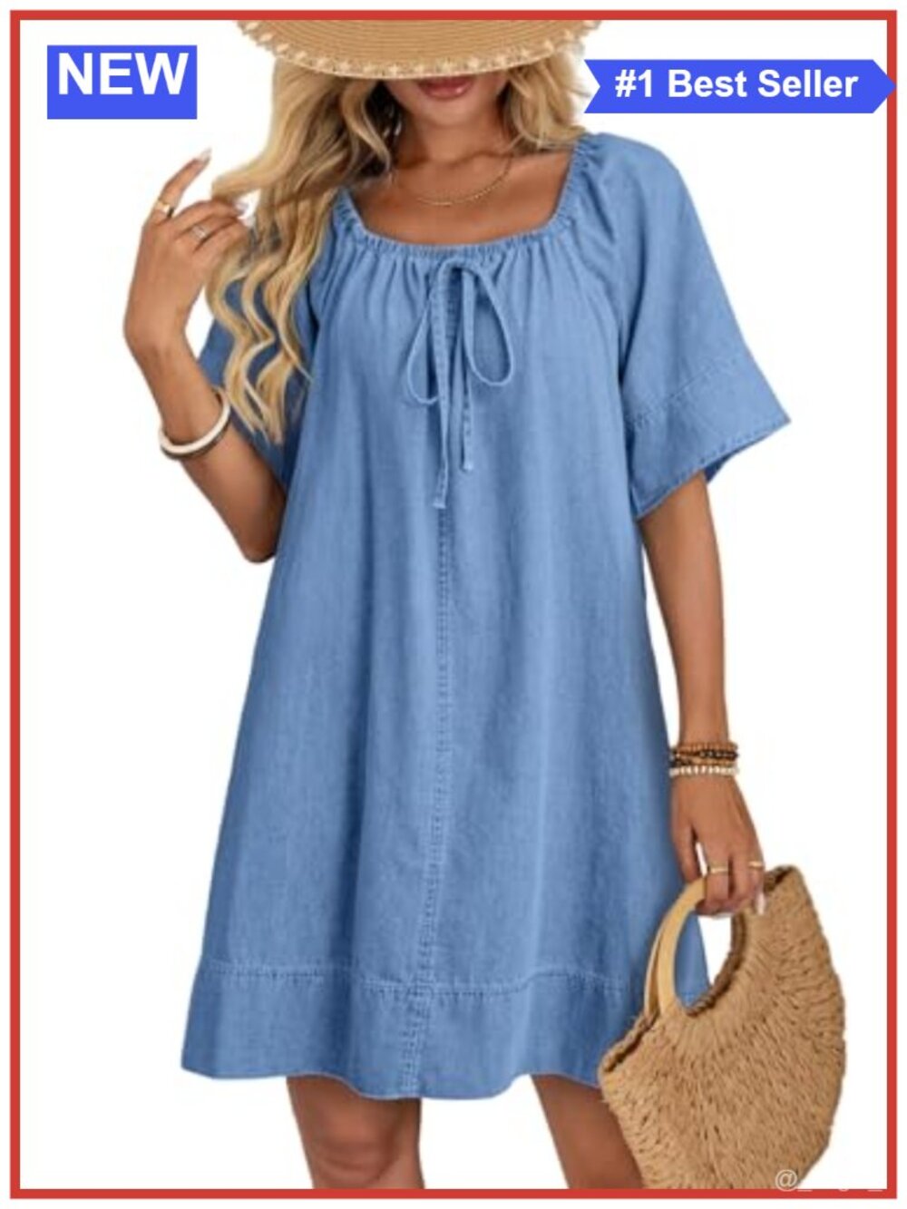 Women's Lightweight Flowy Cotton Denim Dress Tie Knot Square Neck Casual